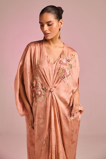 Buy_Kalista_Pink Viscose, Satin Embroidery V-neck Bella Kaftan _Online_at_Aza_Fashions