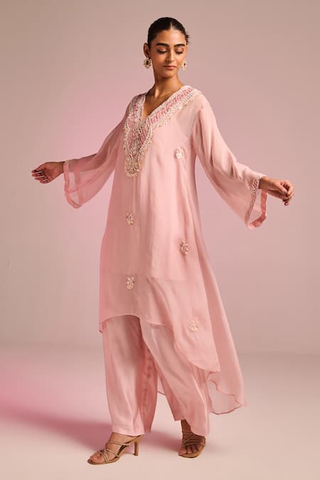 Kalista_Pink Organza, Viscose Embroidery V-neck Ravella Kaftan Set _Online_at_Aza_Fashions