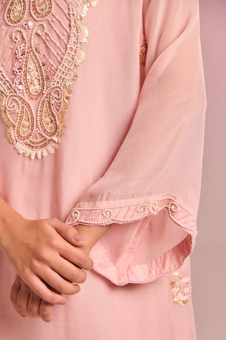 Shop_Kalista_Pink Organza, Viscose Embroidery V-neck Ravella Kaftan Set _Online_at_Aza_Fashions