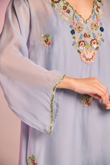 Kalista Blue Organza, Viscose Embroidery, Sequins V-neck Clara Kaftan Set Online at Aza Fashions Kalista_Blue Organza, Viscose Embroidery, Sequins V-neck Clara Kaftan Set _Online_at_Aza_Fashions