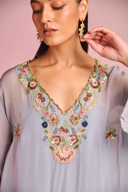 Buy Kalista Blue Organza, Viscose Embroidery, Sequins V-neck Clara Kaftan Set Online at Aza Fashions Buy_Kalista_Blue Organza, Viscose Embroidery, Sequins V-neck Clara Kaftan Set _Online_at_Aza_Fashions