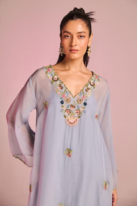 Shop Kalista Blue Organza, Viscose Embroidery, Sequins V-neck Clara Kaftan Set Online at Aza Fashions Shop_Kalista_Blue Organza, Viscose Embroidery, Sequins V-neck Clara Kaftan Set _Online_at_Aza_Fashions