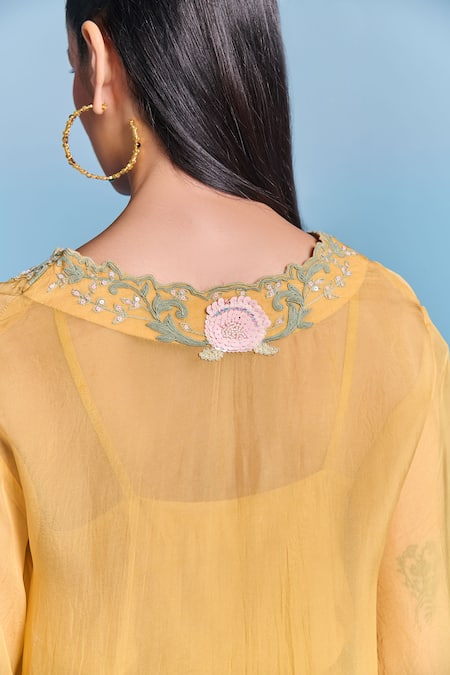 Kalista_Yellow Organza, Viscose Embroidery V-neck Shaina Kaftan Set _Online_at_Aza_Fashions