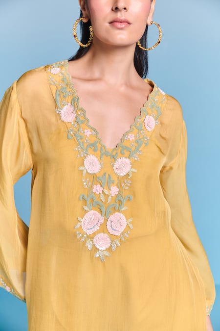 Shop_Kalista_Yellow Organza, Viscose Embroidery V-neck Shaina Kaftan Set _Online_at_Aza_Fashions