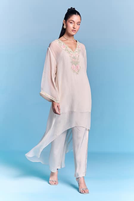 Kalista_Off White Organza, Viscose Embroidery V-neck Shaina Kaftan Set _Online_at_Aza_Fashions