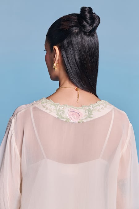 Shop_Kalista_Off White Organza, Viscose Embroidery V-neck Shaina Kaftan Set _Online_at_Aza_Fashions