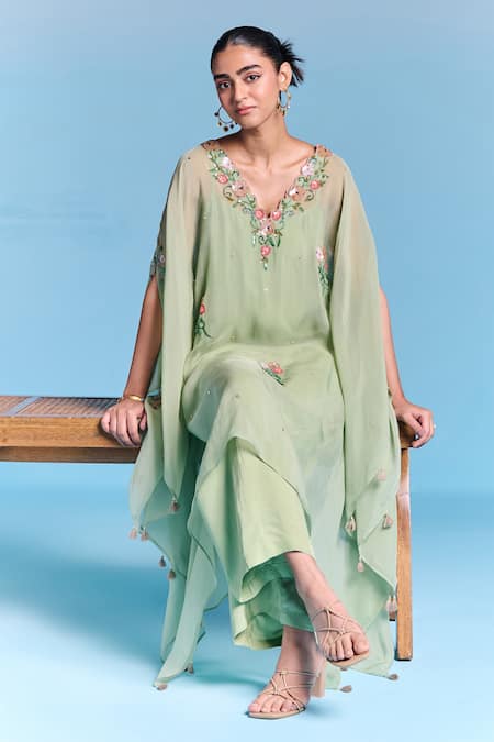 Kalista_Green Organza, Viscose Tassels, Embroidery V-neck Leisa Kaftan Set _Online_at_Aza_Fashions