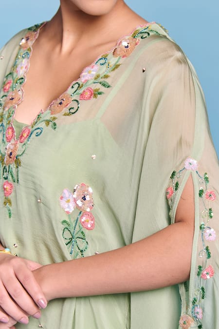 Buy_Kalista_Green Organza, Viscose Tassels, Embroidery V-neck Leisa Kaftan Set _Online_at_Aza_Fashions