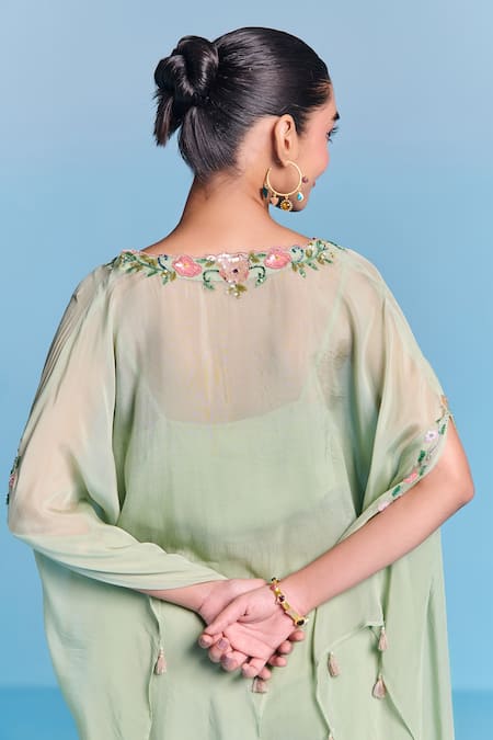 Shop_Kalista_Green Organza, Viscose Tassels, Embroidery V-neck Leisa Kaftan Set _Online_at_Aza_Fashions