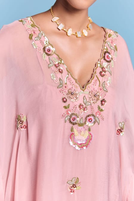 Kalista_Pink Organza, Viscose Embroidery, Sequins V-neck Leisa Kaftan Set _Online_at_Aza_Fashions