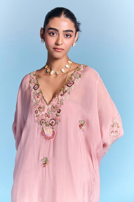 Shop_Kalista_Pink Organza, Viscose Embroidery, Sequins V-neck Leisa Kaftan Set _Online_at_Aza_Fashions