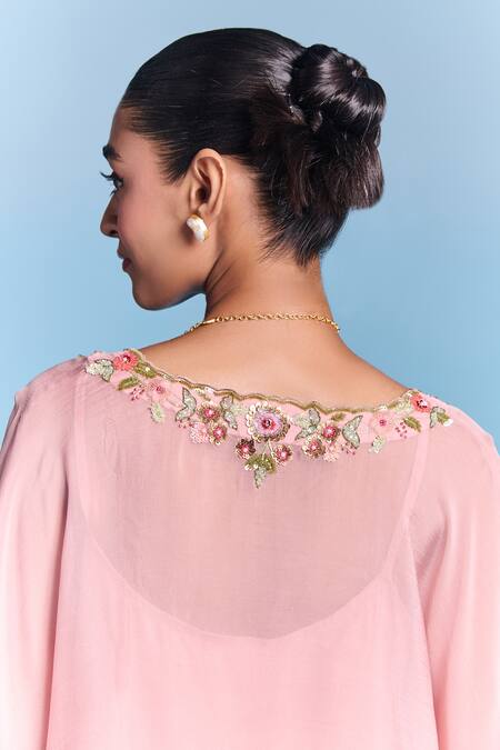 Kalista_Pink Organza, Viscose Embroidery, Sequins V-neck Leisa Kaftan Set _at_Aza_Fashions