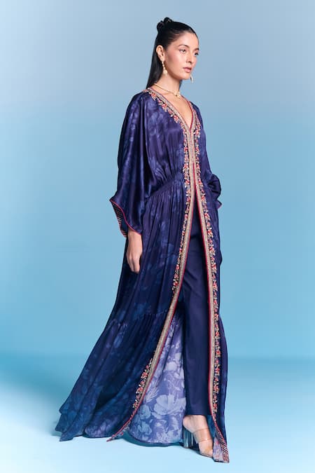 Kalista_Blue Viscose, Satin Embroidery V-neck Lara Kaftan Set _Online_at_Aza_Fashions