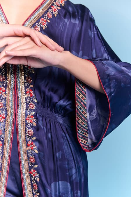 Buy_Kalista_Blue Viscose, Satin Embroidery V-neck Lara Kaftan Set _Online_at_Aza_Fashions