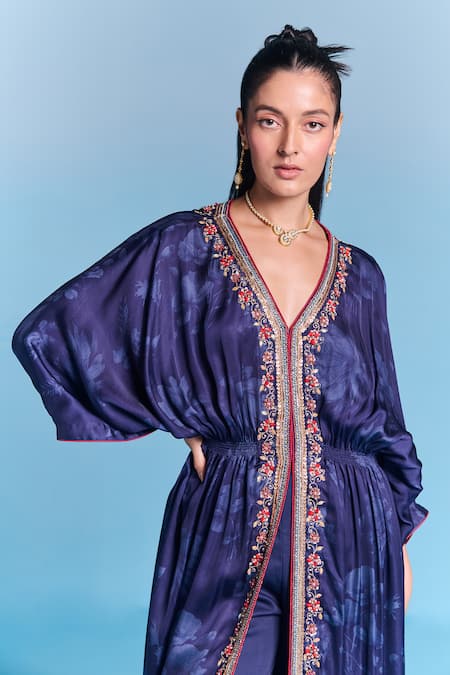 Kalista_Blue Viscose, Satin Embroidery V-neck Lara Kaftan Set _at_Aza_Fashions