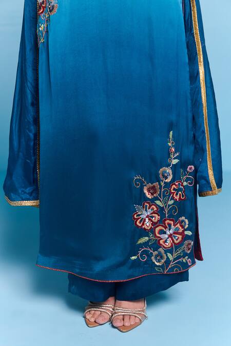 Buy_Kalista_Blue Viscose, Satin, Silk Embroidery Round Neck Jeni Kurta Set _Online_at_Aza_Fashions
