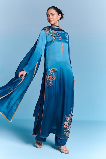 Shop_Kalista_Blue Viscose, Satin, Silk Embroidery Round Neck Jeni Kurta Set _Online_at_Aza_Fashions
