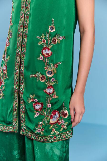 Kalista_Emerald Green Viscose, Satin, Silk Embroidery V-neck Helen Kurta Set _at_Aza_Fashions