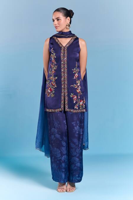 Kalista Blue Viscose, Satin, Silk Embroidery Split V-neck Helen Kurta Set Online at Aza Fashions Kalista_Blue Viscose, Satin, Silk Embroidery Split V-neck Helen Kurta Set _Online_at_Aza_Fashions