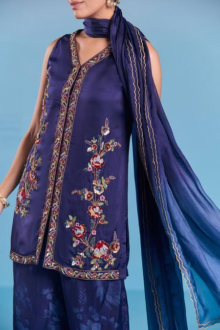 Buy Kalista Blue Viscose, Satin, Silk Embroidery Split V-neck Helen Kurta Set Online at Aza Fashions Buy_Kalista_Blue Viscose, Satin, Silk Embroidery Split V-neck Helen Kurta Set _Online_at_Aza_Fashions