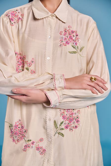 Kalista_Cream Silk, Viscose Embroidery Collared Jane Draped Pant Set _Online_at_Aza_Fashions