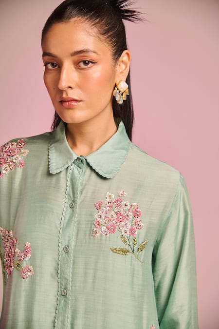 Shop_Kalista_Aqua Silk, Viscose Embroidery Collared Jane Draped Pant Set _Online_at_Aza_Fashions