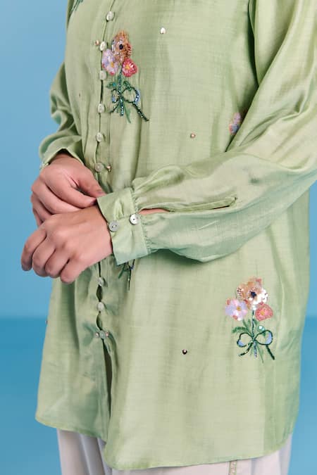 Kalista_Green Silk, Viscose Embroidery Collared Era Draped Pant Set _Online_at_Aza_Fashions