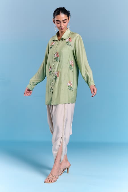 Buy_Kalista_Green Silk, Viscose Embroidery Collared Era Draped Pant Set _Online_at_Aza_Fashions