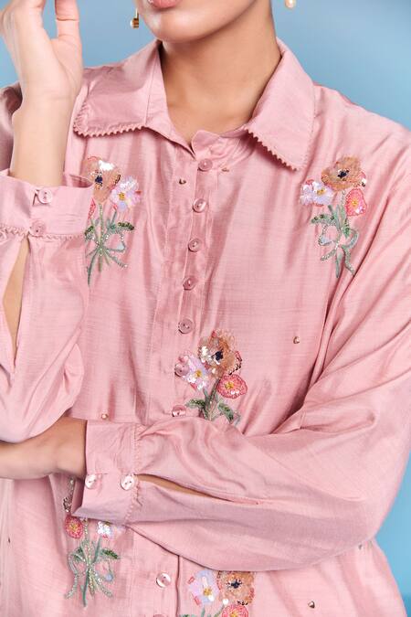 Kalista_Pink Silk, Viscose Embroidery, Sequins Collared Era Draped Pant Set _Online_at_Aza_Fashions