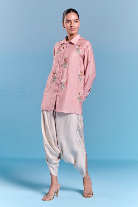 Shop_Kalista_Pink Silk, Viscose Embroidery, Sequins Collared Era Draped Pant Set _Online_at_Aza_Fashions