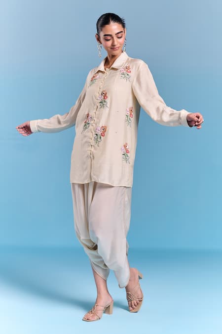 Kalista_Cream Silk, Viscose Embroidery Collared Era Draped Pant Set _Online_at_Aza_Fashions