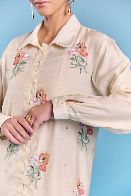 Buy_Kalista_Cream Silk, Viscose Embroidery Collared Era Draped Pant Set _Online_at_Aza_Fashions