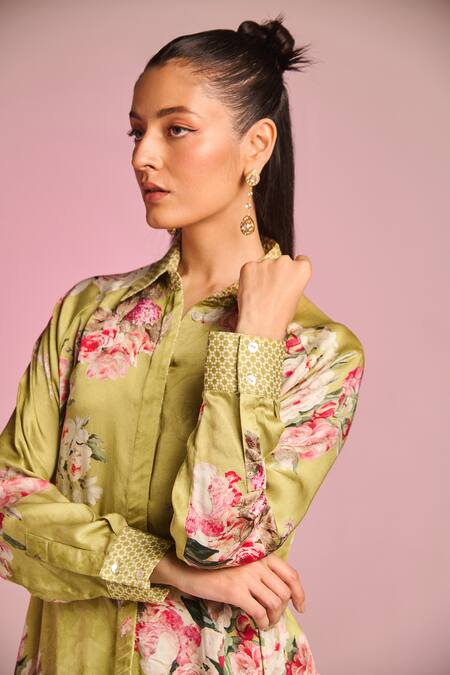 Buy_Kalista_Olive Green Satin, Viscose Embroidery Collared Kylie Pant Set _Online_at_Aza_Fashions