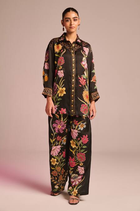 Kalista Black Satin Embroidery Collared Flora Pant Set 