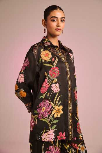 Kalista Black Satin Embroidery Collared Flora Pant Set Online at Aza Fashions Kalista_Black Satin Embroidery Collared Flora Pant Set _Online_at_Aza_Fashions