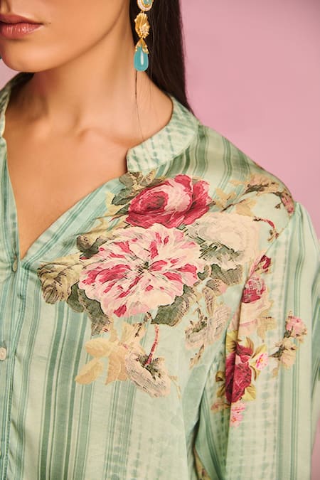 Buy_Kalista_Blue Satin, Viscose Embroidery Mandarin Collar Bella Pant Set _Online_at_Aza_Fashions