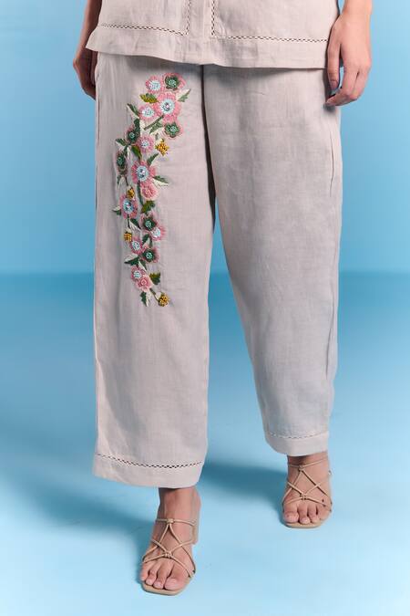 Buy_Kalista_Beige Cotton, Linen Embroidery Collared Esha Pant Set _Online_at_Aza_Fashions