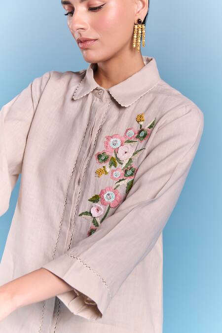 Shop_Kalista_Beige Cotton, Linen Embroidery Collared Esha Pant Set _Online_at_Aza_Fashions