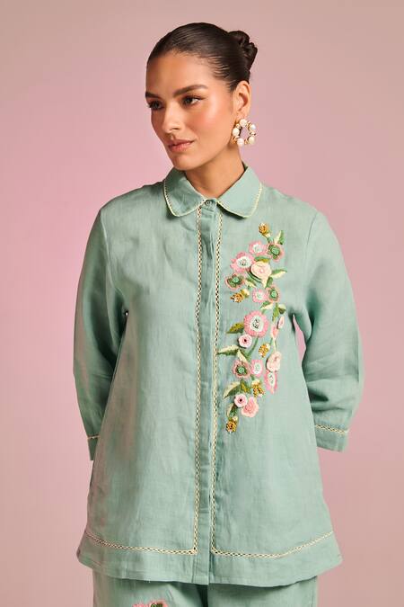 Kalista Green Cotton, Linen Embroidery Collared Esha Pant Set Online at Aza Fashions Kalista_Green Cotton, Linen Embroidery Collared Esha Pant Set _Online_at_Aza_Fashions