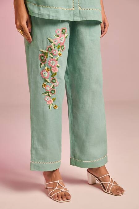 Buy Kalista Green Cotton, Linen Embroidery Collared Esha Pant Set Online at Aza Fashions Buy_Kalista_Green Cotton, Linen Embroidery Collared Esha Pant Set _Online_at_Aza_Fashions