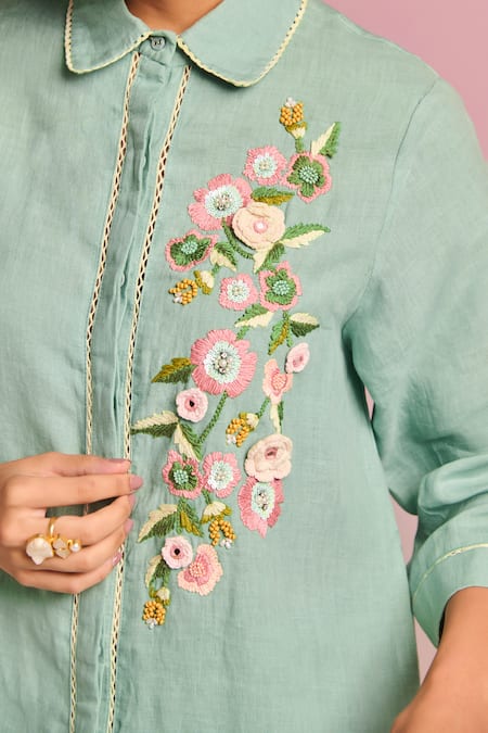 Shop Kalista Green Cotton, Linen Embroidery Collared Esha Pant Set Online at Aza Fashions Shop_Kalista_Green Cotton, Linen Embroidery Collared Esha Pant Set _Online_at_Aza_Fashions