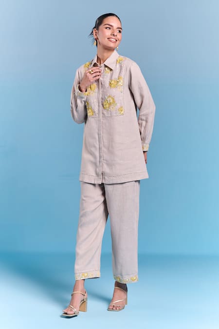 Kalista_Beige Cotton, Linen Embroidery, Sequins Collared Elaina Pant Set _Online_at_Aza_Fashions