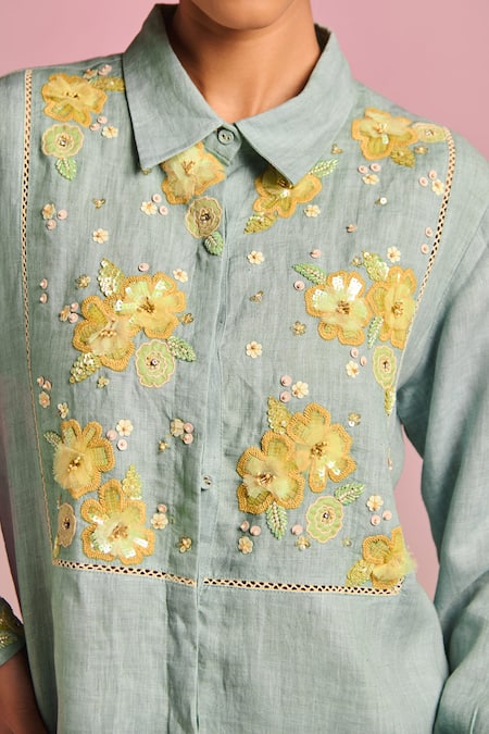 Kalista Blue Cotton, Linen Embroidery Collared Elaina Pant Set Online at Aza Fashions Kalista_Blue Cotton, Linen Embroidery Collared Elaina Pant Set _Online_at_Aza_Fashions