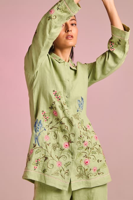 Kalista_Green Cotton, Linen Embroidery Collared Lyra Pant Set _Online_at_Aza_Fashions