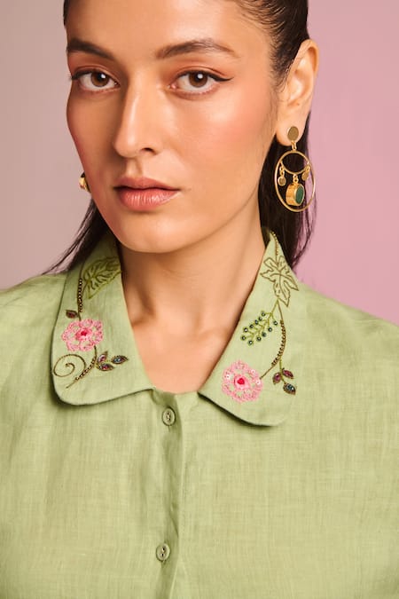 Buy_Kalista_Green Cotton, Linen Embroidery Collared Lyra Pant Set _Online_at_Aza_Fashions