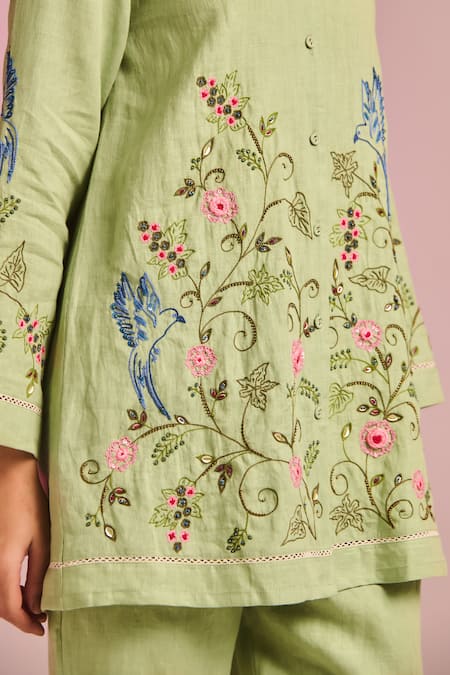 Buy_Kalista_Green Cotton, Linen Embroidery Collared Lyra Pant Set 