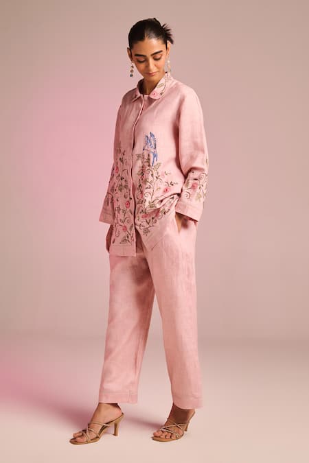 Kalista_Pink Cotton, Linen Embroidery Collared Lyra Pant Set _Online_at_Aza_Fashions