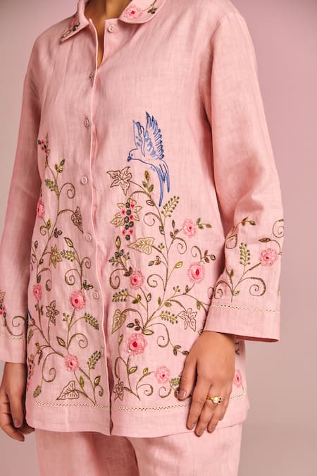 Shop_Kalista_Pink Cotton, Linen Embroidery Collared Lyra Pant Set _Online_at_Aza_Fashions