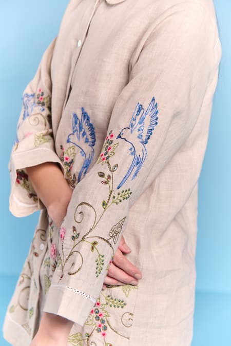 Kalista_Gray Cotton, Linen Embroidery Collared Lyra Pant Set _Online_at_Aza_Fashions