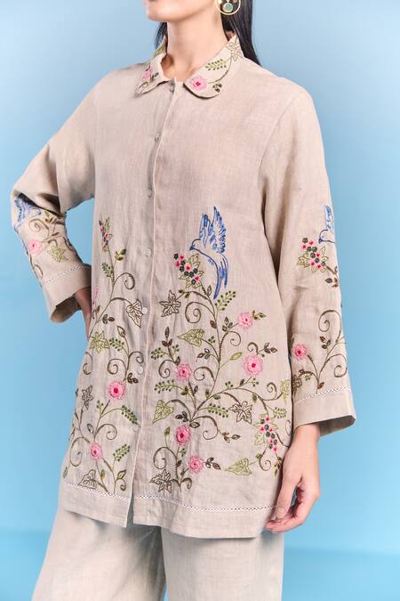 Buy_Kalista_Gray Cotton, Linen Embroidery Collared Lyra Pant Set _Online_at_Aza_Fashions